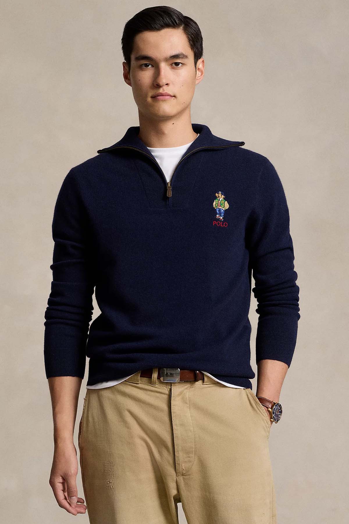 Polo Ralph Lauren Dik Yaka Yarım Fermuarlı Polo Bear Örgü Yün Triko