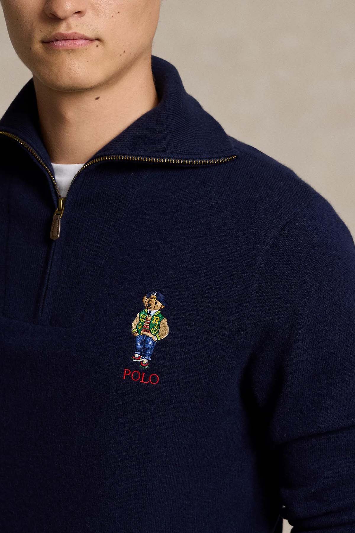 Polo Ralph Lauren Dik Yaka Yarım Fermuarlı Polo Bear Örgü Yün Triko