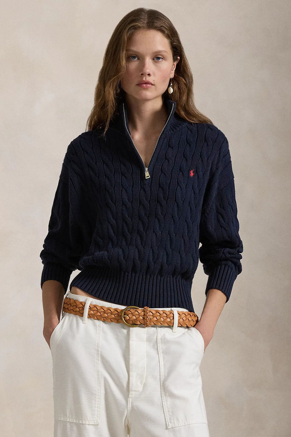 Polo Ralph Lauren Relaxed Fit Dik Yaka Yarım Fermuarlı Saç Örgü Triko