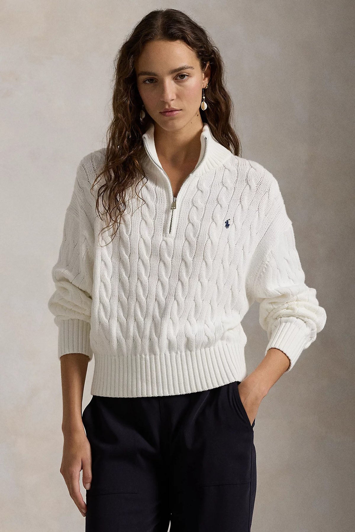 Polo Ralph Lauren Relaxed Fit Dik Yaka Yarım Fermuarlı Saç Örgü Triko