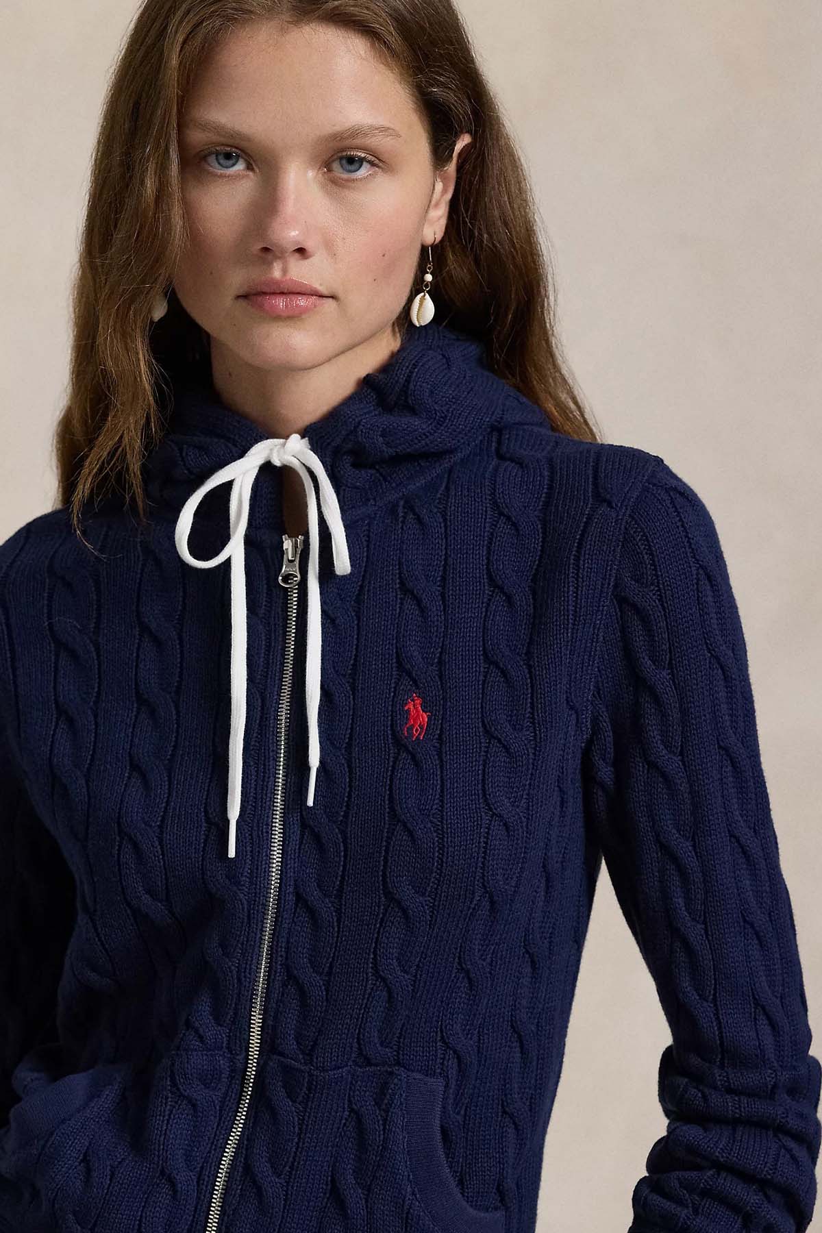 Polo Ralph Lauren Kapüşonlu Saç Örgü Triko Ceket