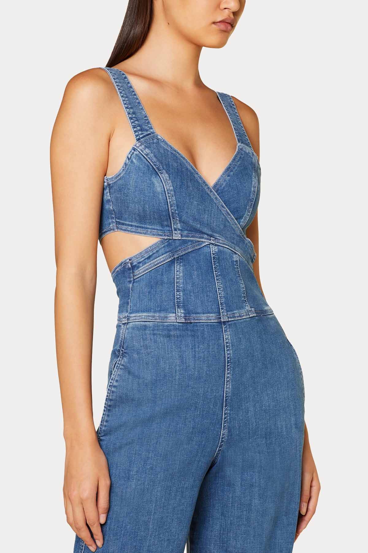 Liu Jo V Yaka Bel Dekolteli Denim Tulum